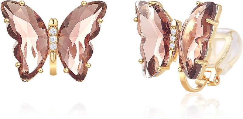 YOQUCOL Butterfly Shape Crystal Clip On Earrings Non Pierced Golden Stud for Women - Image 1